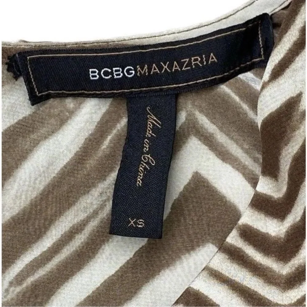 BCBGMAXAZRIA Silk Zebra Mini Dress XS Brown Ivory Belted Ruched Sleeve Pockets